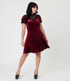 Hell Bunny Burgundy Velvet Mourning Mini Dress - Unique Vintage - Womens, DRESSES, FIT AND FLARE
