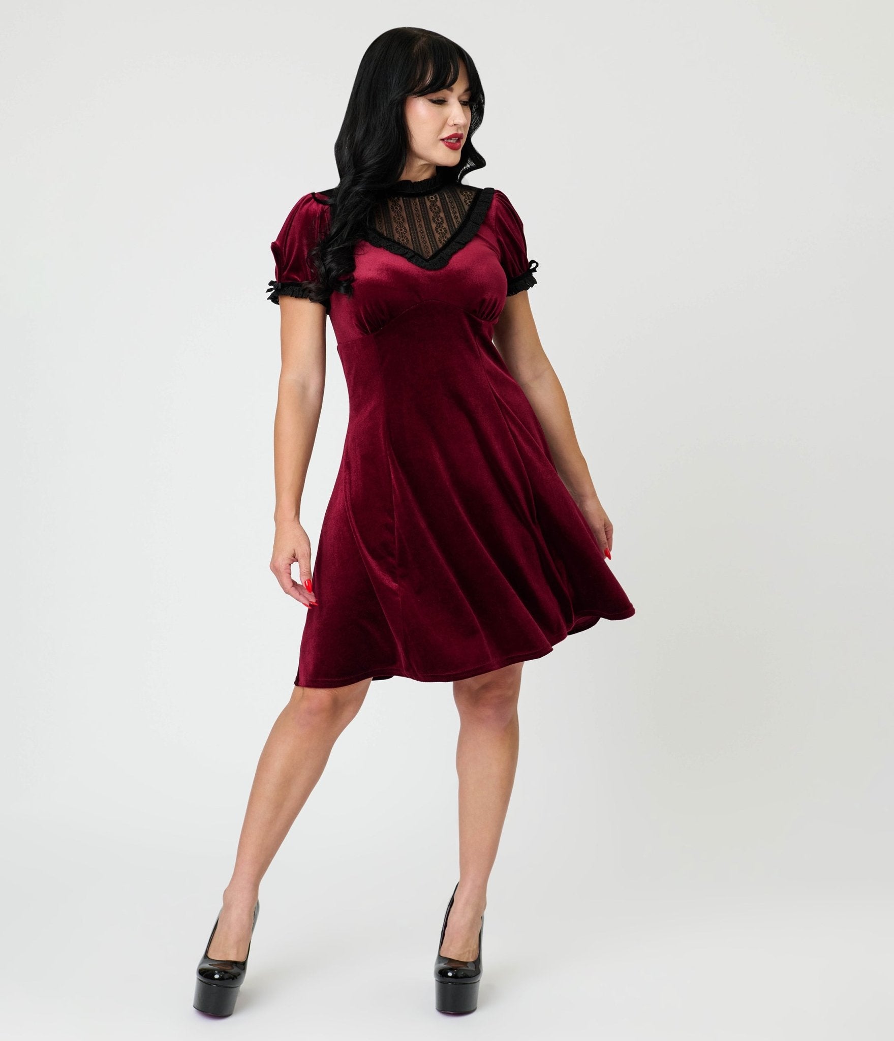 Hell Bunny Burgundy Velvet Mourning Mini Dress - Unique Vintage - Womens, DRESSES, FIT AND FLARE