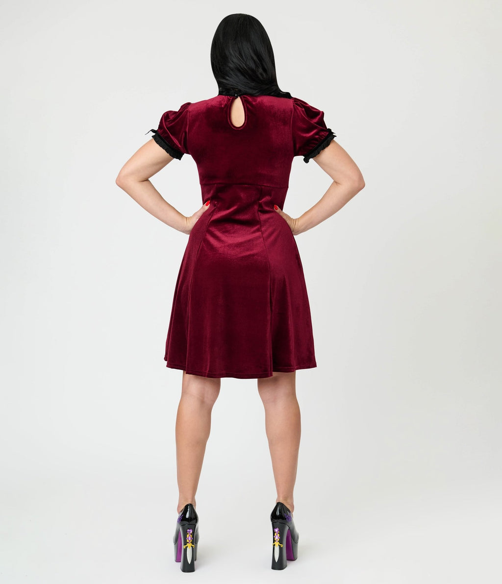 Hell Bunny Burgundy Velvet Mourning Mini Dress - Unique Vintage - Womens, DRESSES, FIT AND FLARE