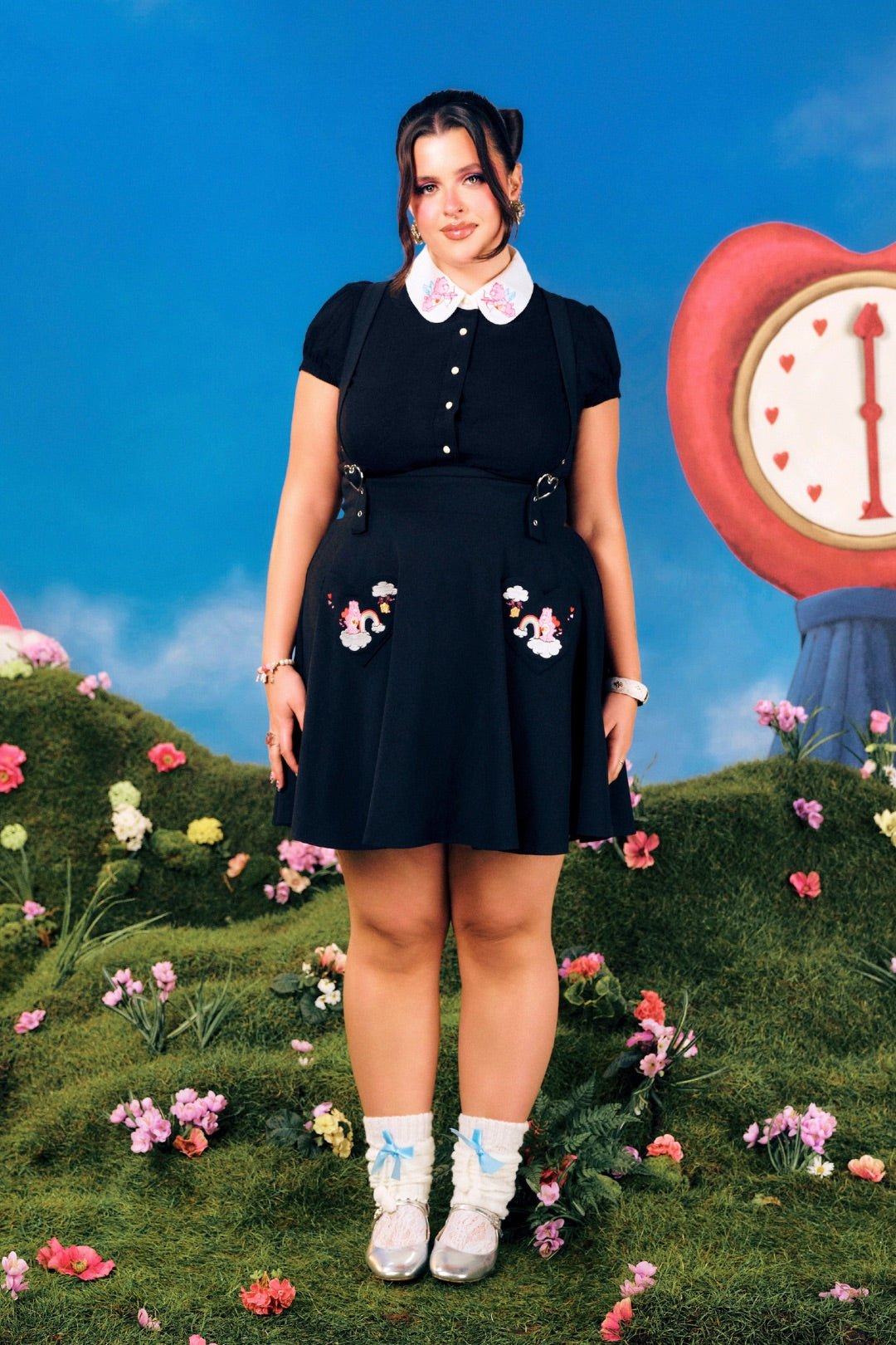 Hell Bunny Care Bears Black Love - A - Lot Pinafore Skirt - Unique Vintage - Womens, BOTTOMS, ROMPERS AND JUMPSUITS