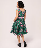 Hell Bunny Emerald & Pink Floral Swing Dress - Unique Vintage - Womens, DRESSES, FIT AND FLARE