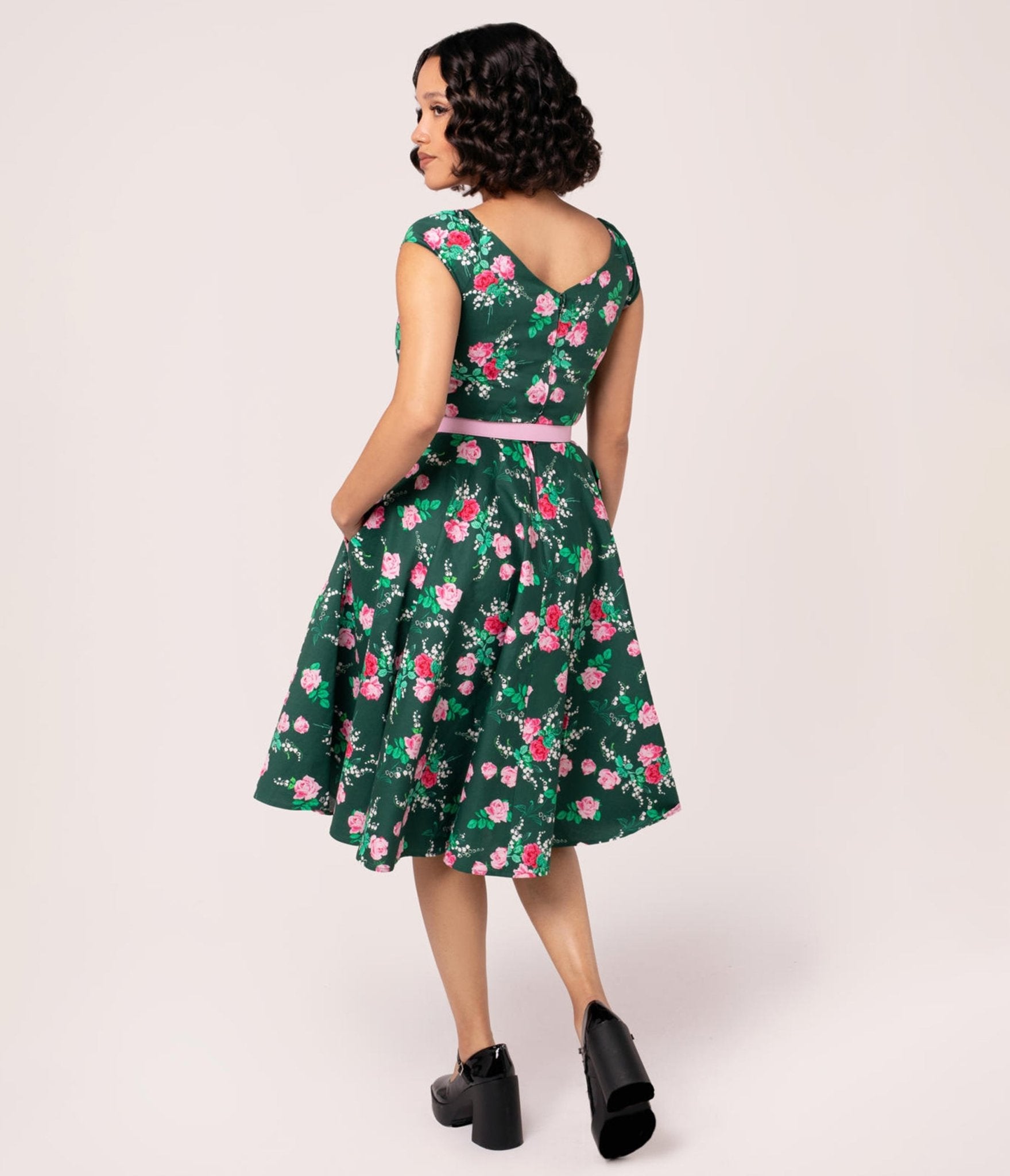 Hell Bunny Emerald & Pink Floral Swing Dress - Unique Vintage - Womens, DRESSES, FIT AND FLARE
