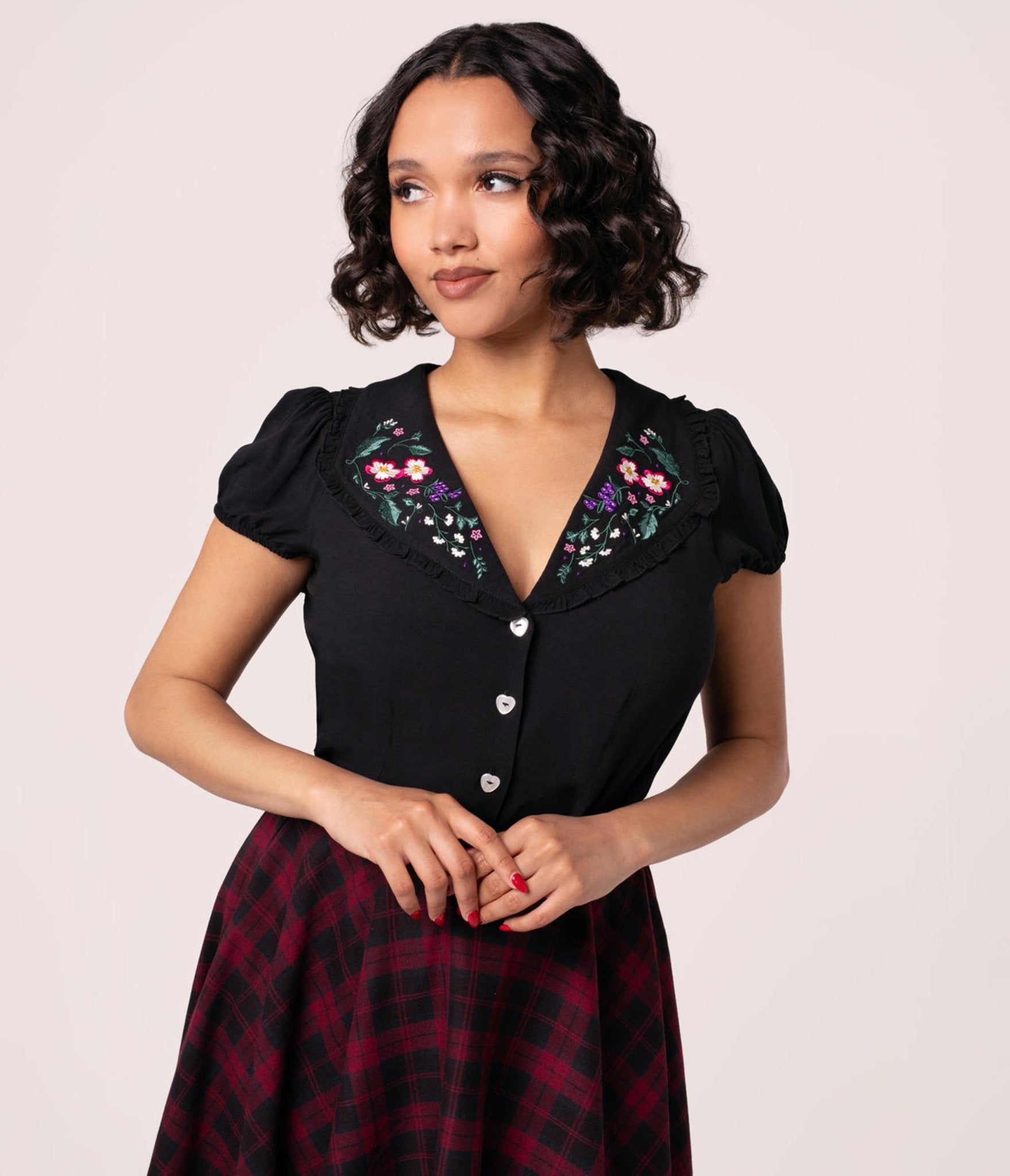 Hell Bunny Floral Embroidered Collared Blouse - Unique Vintage - Womens, TOPS, WOVEN TOPS