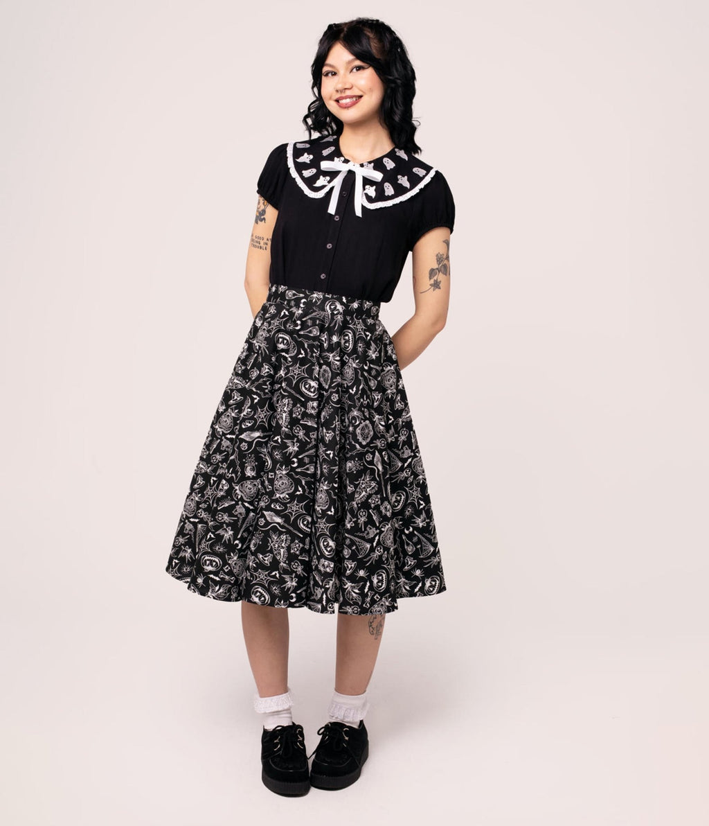 Hell Bunny Ghost Embroidered Collared Blouse - Unique Vintage - Womens, TOPS, WOVEN TOPS