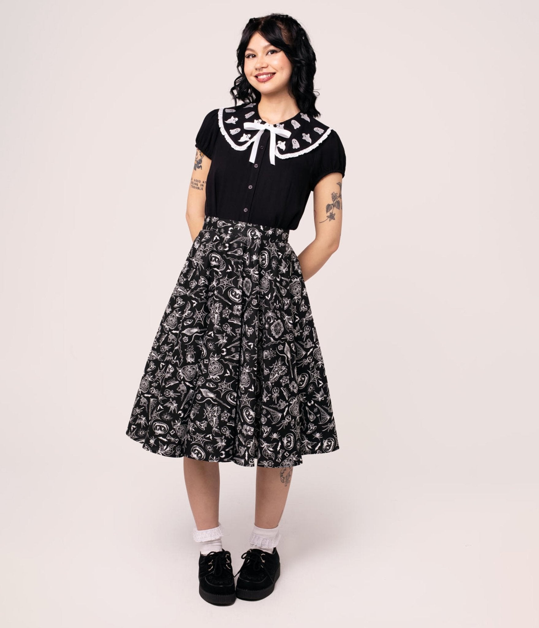 Hell Bunny Ghost Embroidered Collared Blouse - Unique Vintage - Womens, TOPS, WOVEN TOPS