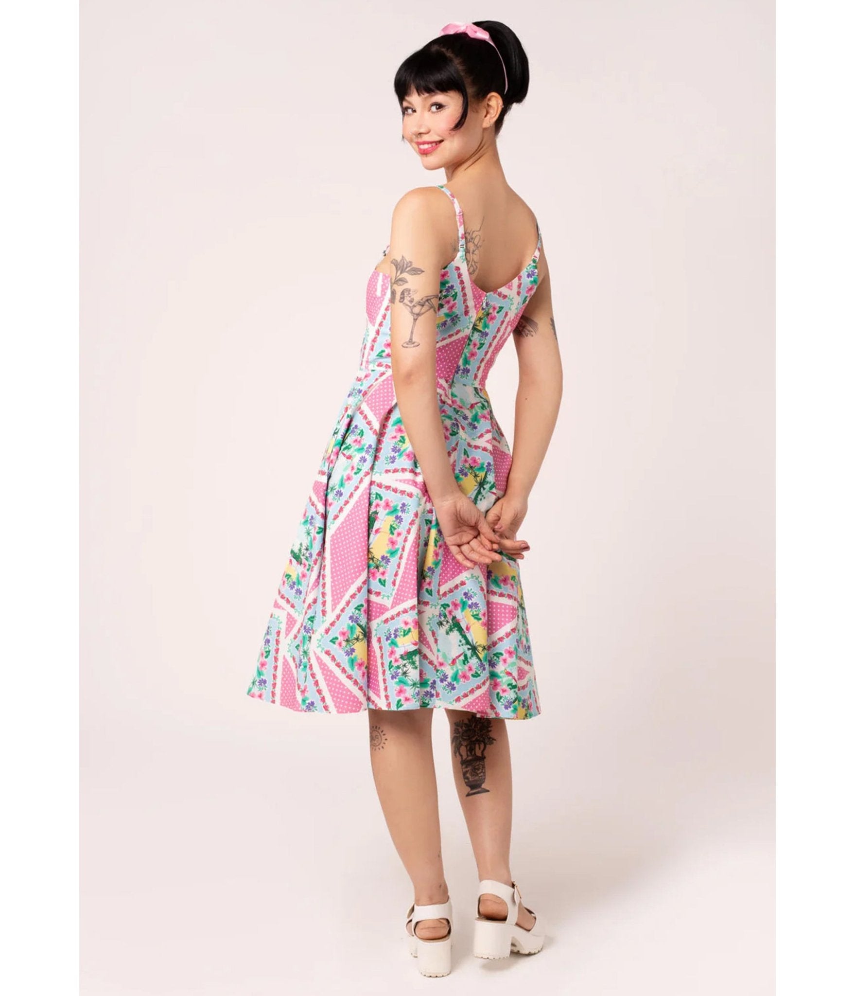 Hell Bunny Pink Floral Patchwork Swing Dress - Unique Vintage - Womens, DRESSES, SWING