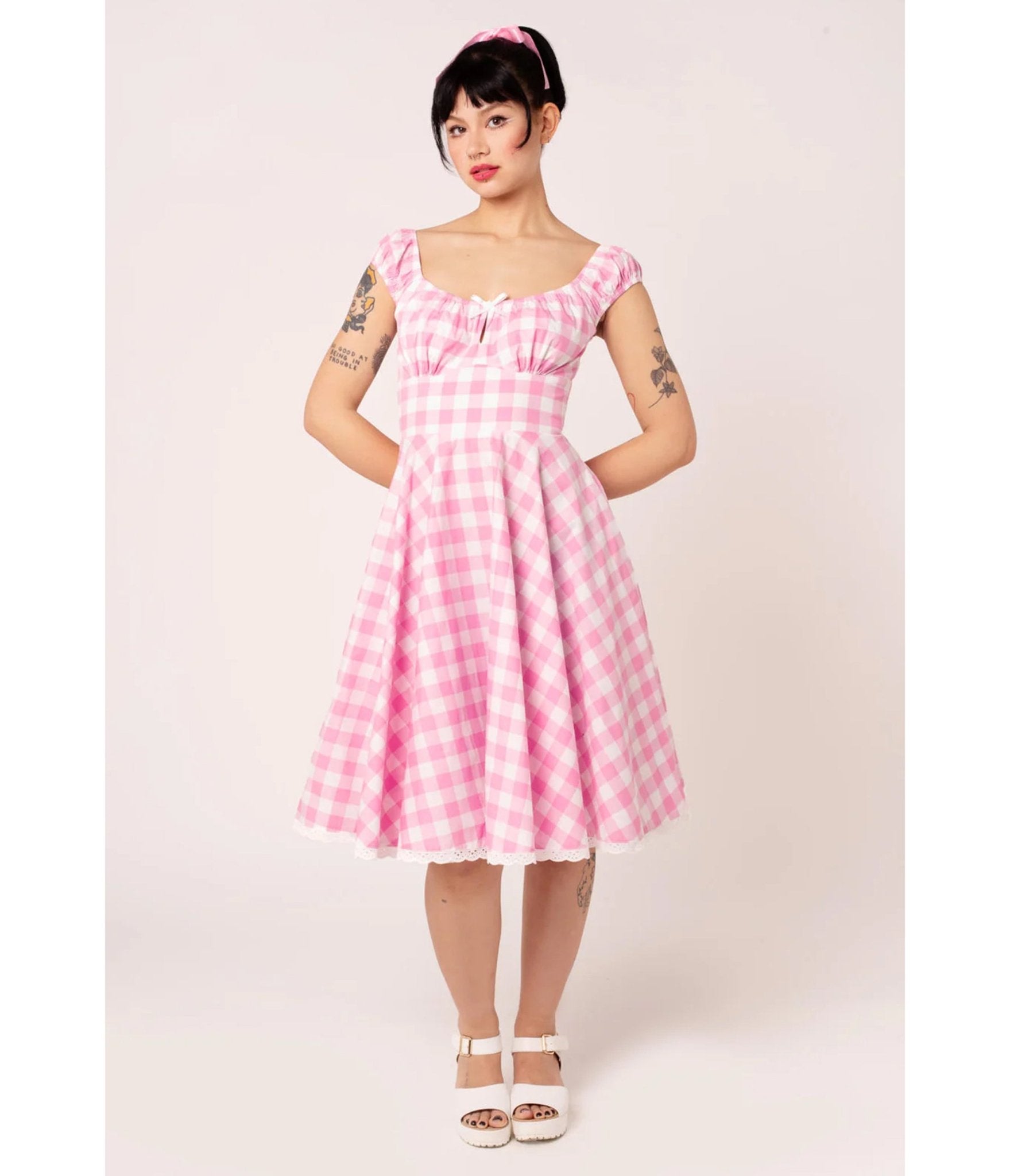 Hell Bunny Pink Gingham Swing Dress - Unique Vintage - Womens, DRESSES, SWING