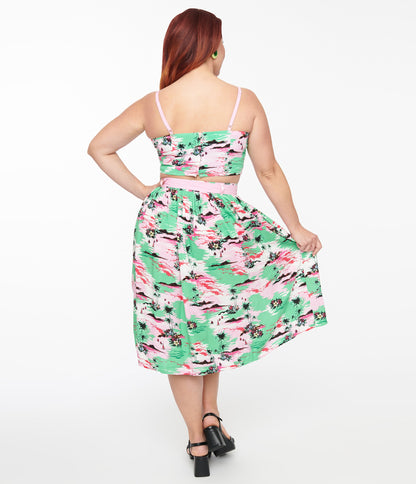 Hell Bunny Pink & Green Tropical Print Midi Skirt - Unique Vintage - Womens, BOTTOMS, SKIRTS