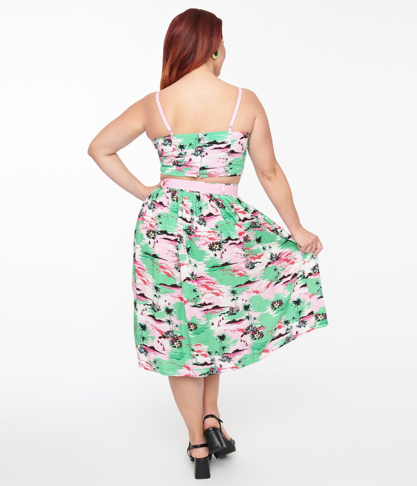Hell Bunny Pink & Green Tropical Print Midi Skirt - Unique Vintage - Womens, BOTTOMS, SKIRTS