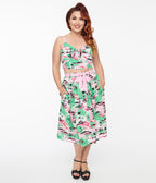 Hell Bunny Pink & Green Tropical Print Midi Skirt - Unique Vintage - Womens, BOTTOMS, SKIRTS