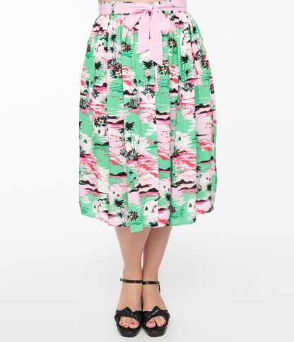 Hell Bunny Pink & Green Tropical Print Midi Skirt - Unique Vintage - Womens, BOTTOMS, SKIRTS