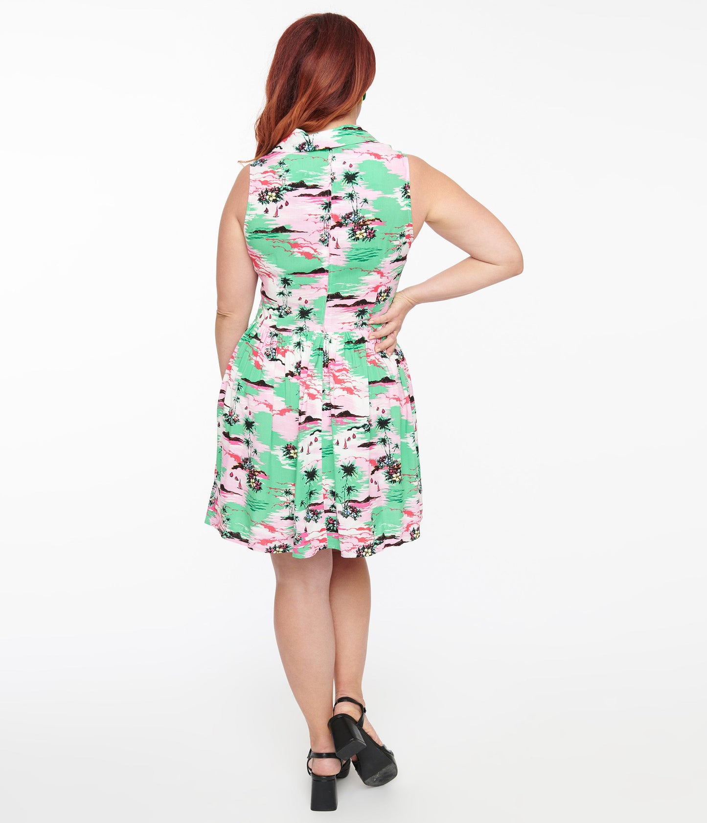 Hell Bunny Pink & Green Tropical Print Mini Dress - Unique Vintage - Womens, DRESSES, FIT AND FLARE