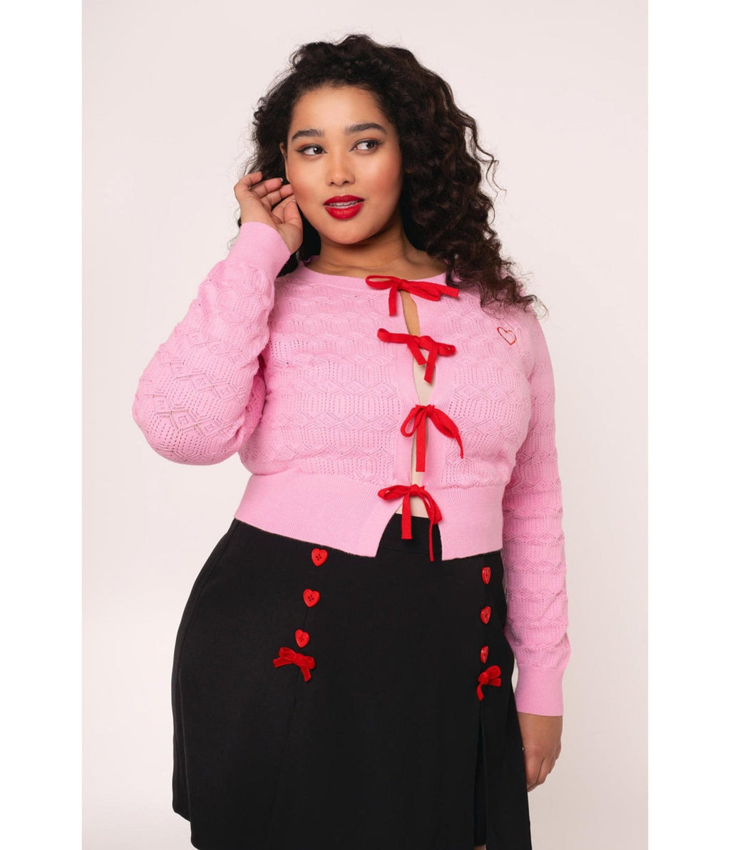 Hell Bunny Pink Tie Front Lucie Cardigan - Unique Vintage - Womens, TOPS, SWEATERS