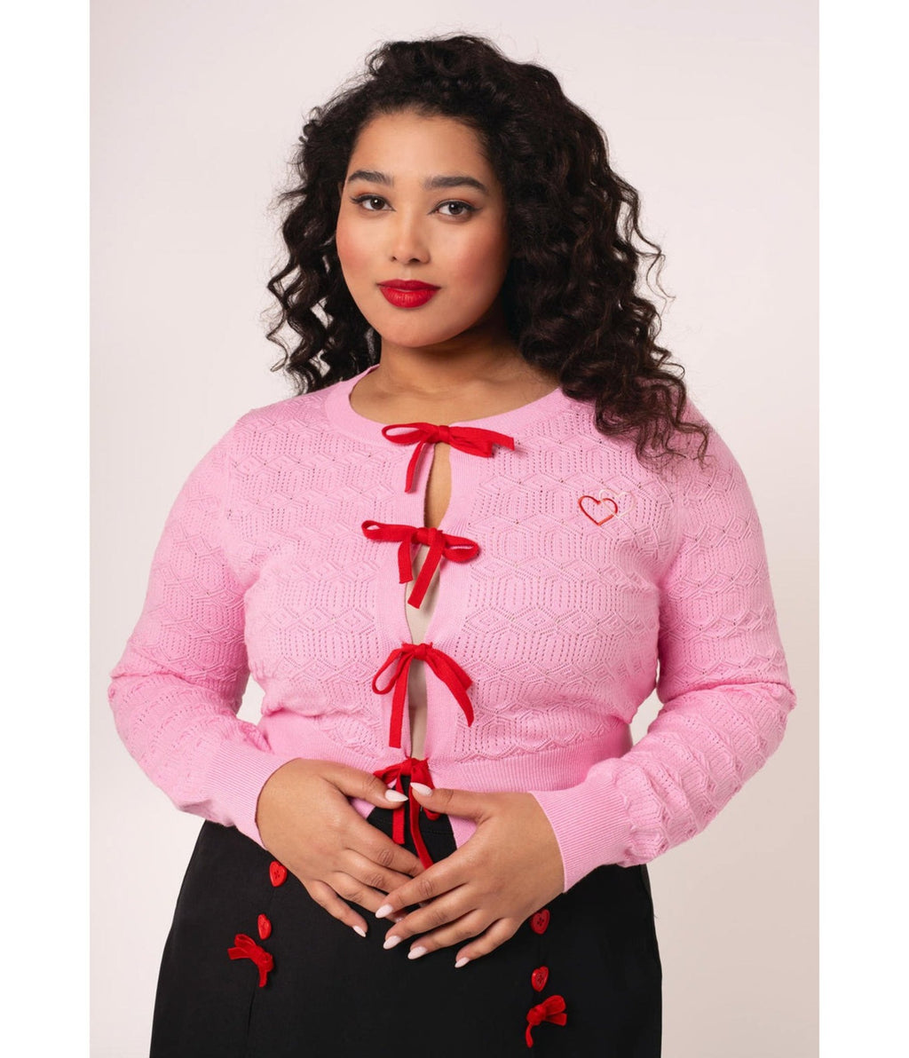 Hell Bunny Pink Tie Front Lucie Cardigan - Unique Vintage - Womens, TOPS, SWEATERS