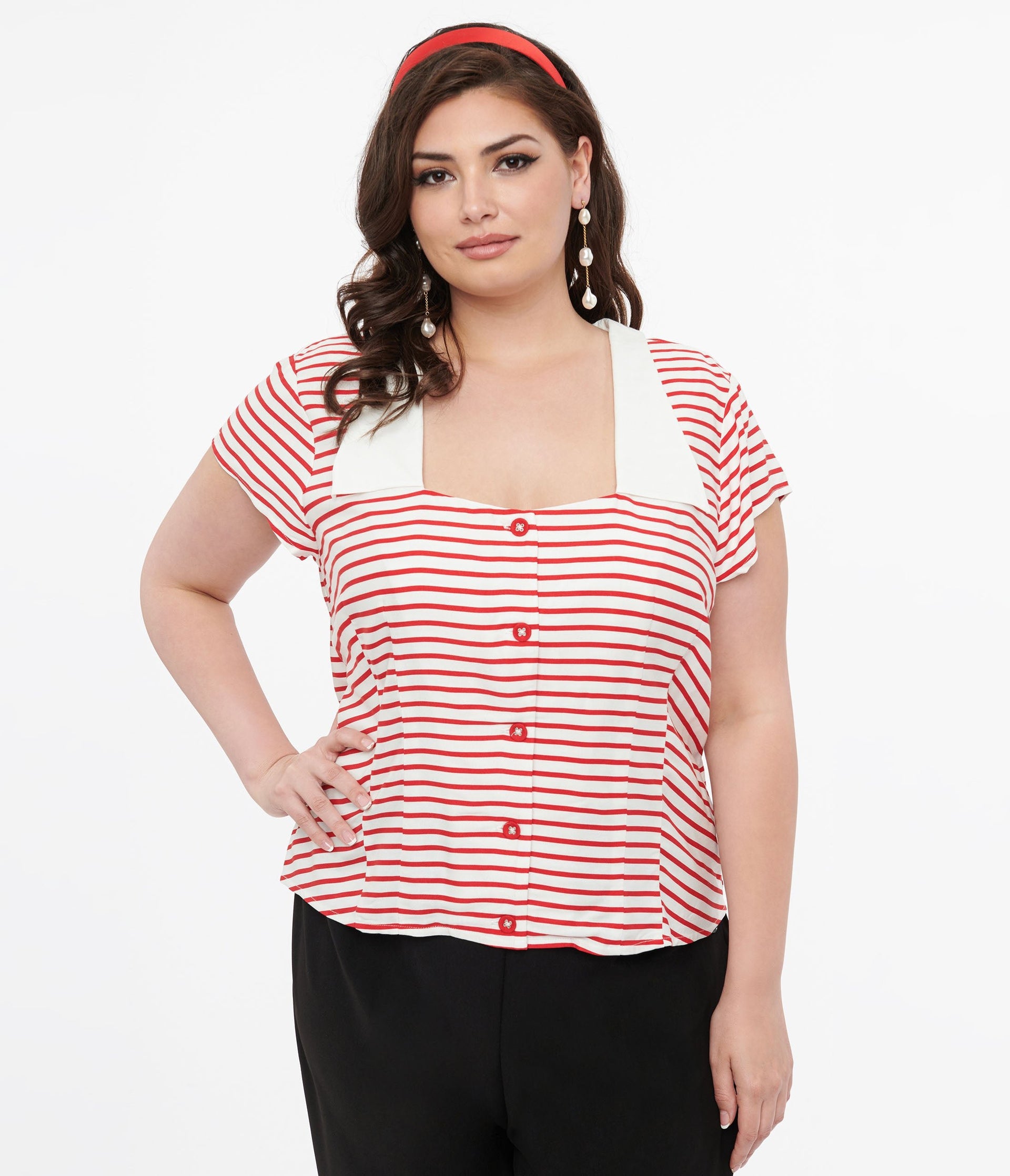 Hell Bunny Plus Size 1940s Red & White Stripe Ahoy Blouse - Unique Vintage - Womens, TOPS, WOVEN TOPS