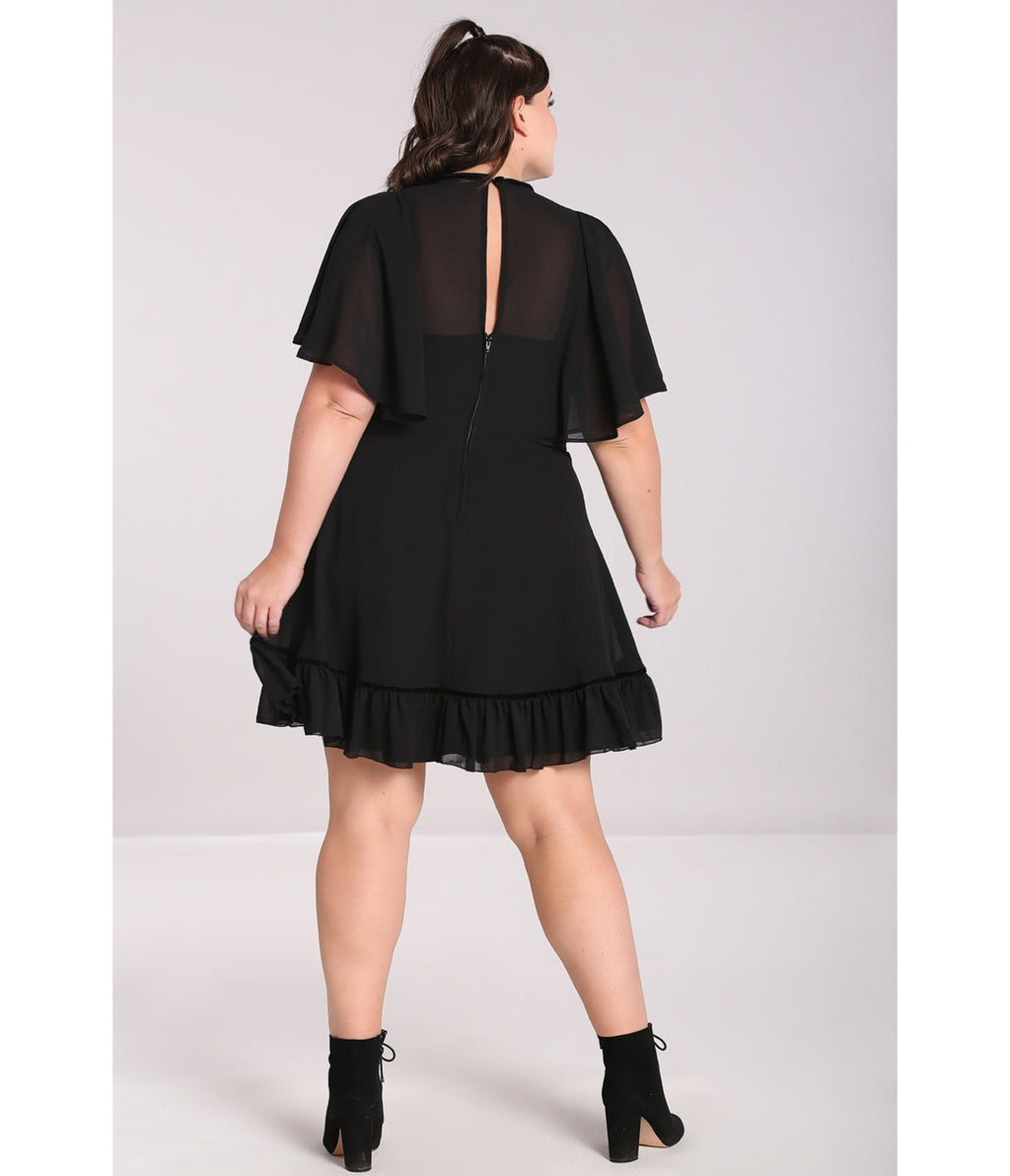 Hell Bunny Plus Size 1940s Style Black Mesh Sleeved Imperia Flare Dress - Unique Vintage - Womens, DRESSES, FIT AND FLARE