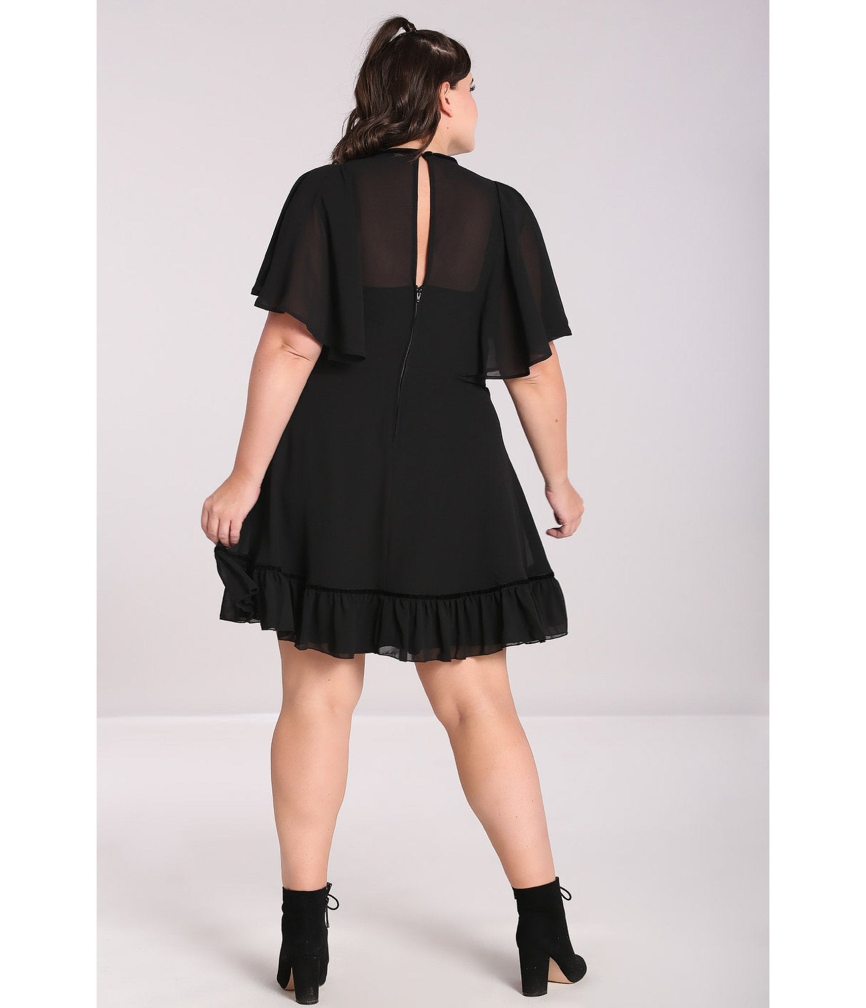 Hell Bunny Plus Size 1940s Style Black Mesh Sleeved Imperia Flare Dress - Unique Vintage - Womens, DRESSES, FIT AND FLARE
