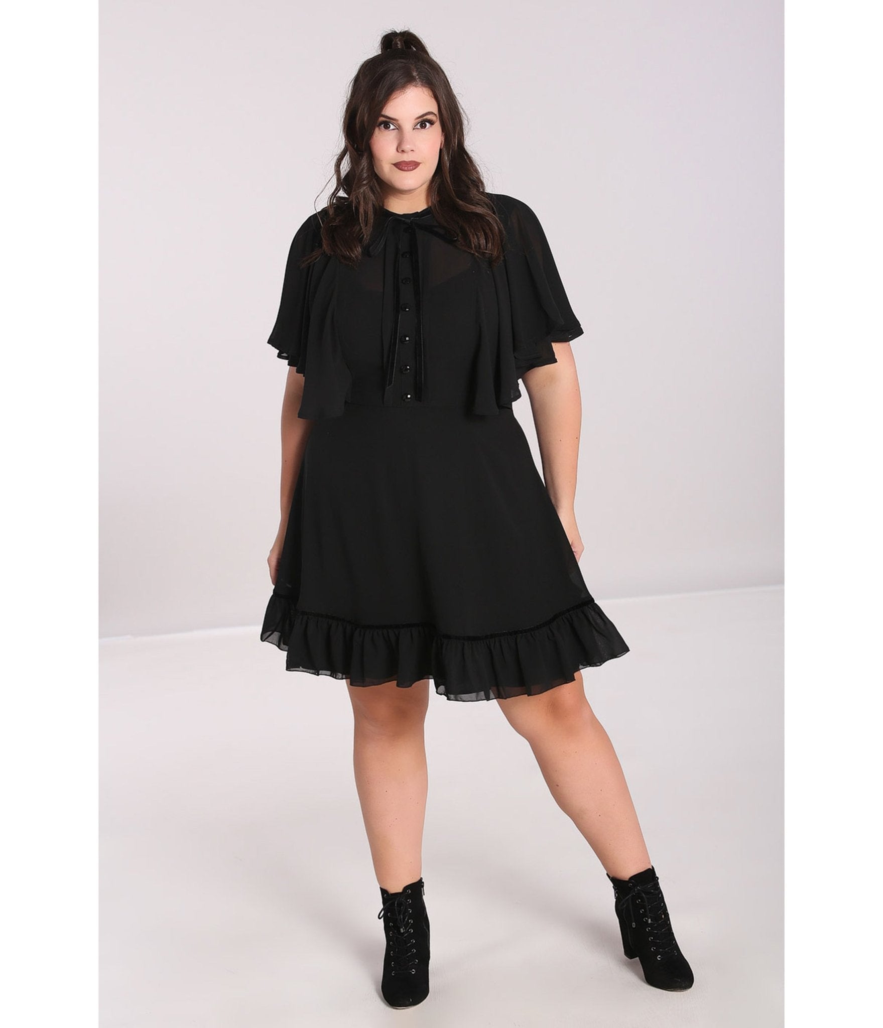 Hell Bunny Plus Size 1940s Style Black Mesh Sleeved Imperia Flare Dress - Unique Vintage - Womens, DRESSES, FIT AND FLARE