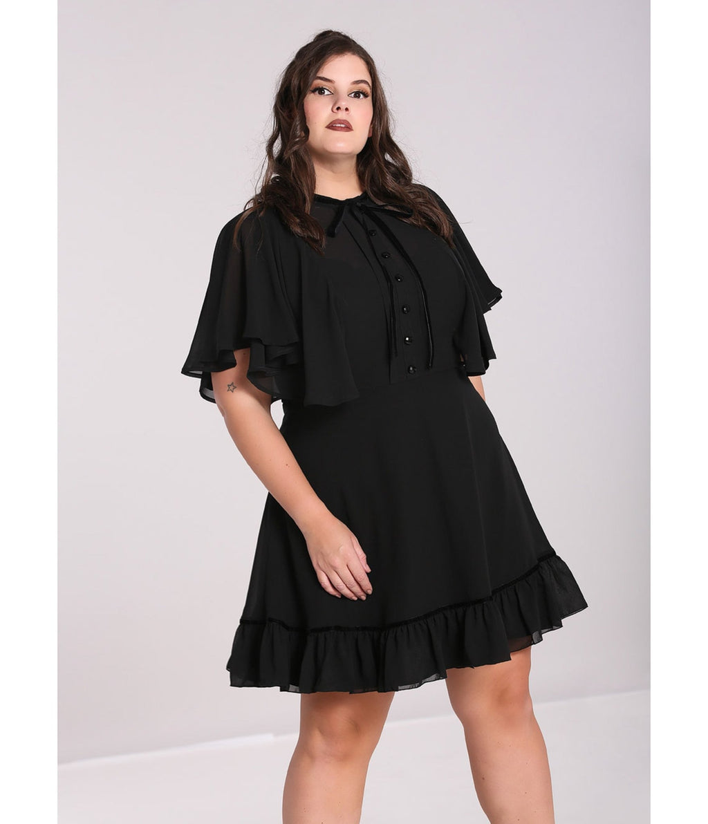 Hell Bunny Plus Size 1940s Style Black Mesh Sleeved Imperia Flare Dress - Unique Vintage - Womens, DRESSES, FIT AND FLARE