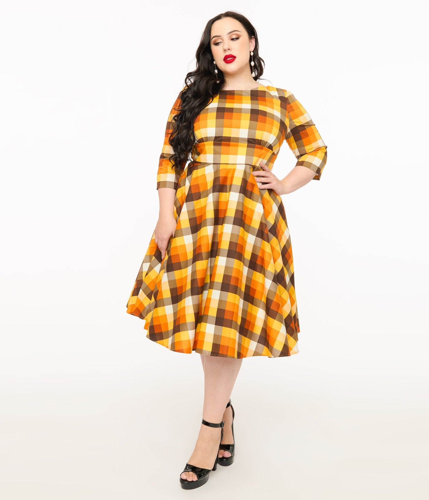 Hell Bunny Plus Size 1950s Autumn Check Cotton Darlene Swing Dress - Unique Vintage - Womens, DRESSES, SWING