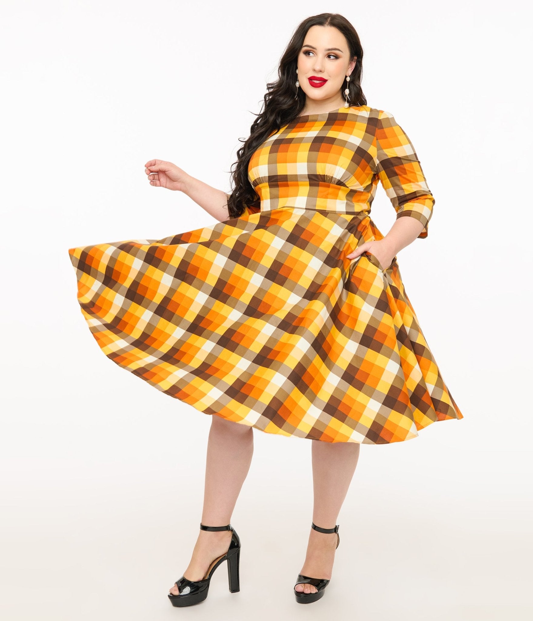 Hell Bunny Plus Size 1950s Autumn Check Cotton Darlene Swing Dress - Unique Vintage - Womens, DRESSES, SWING