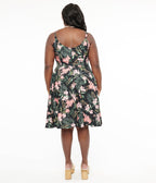 Hell Bunny Plus Size 1950s Black & Pink Tropical Floral Print Cotton Swing Dress - Unique Vintage - Womens, DRESSES, SWING