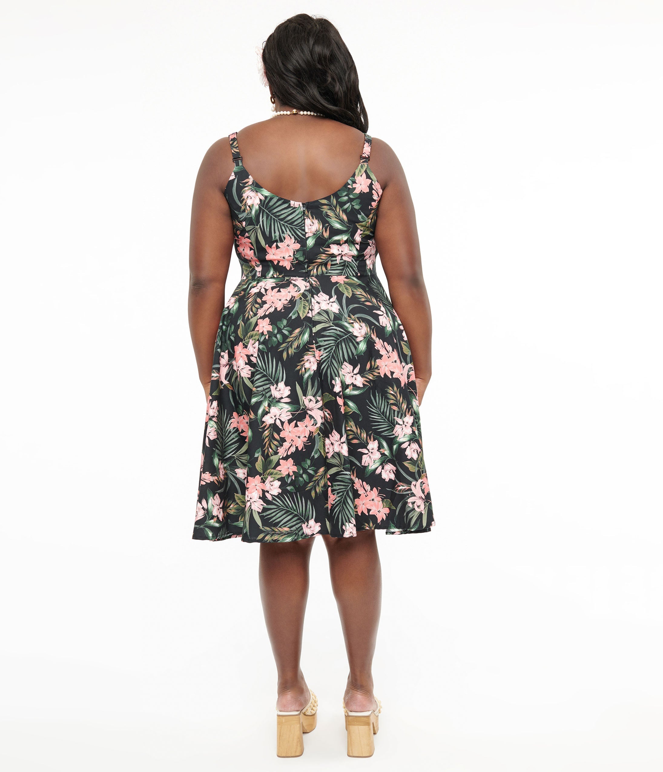 Hell Bunny Plus Size 1950s Black & Pink Tropical Floral Print Cotton Swing Dress - Unique Vintage - Womens, DRESSES, SWING