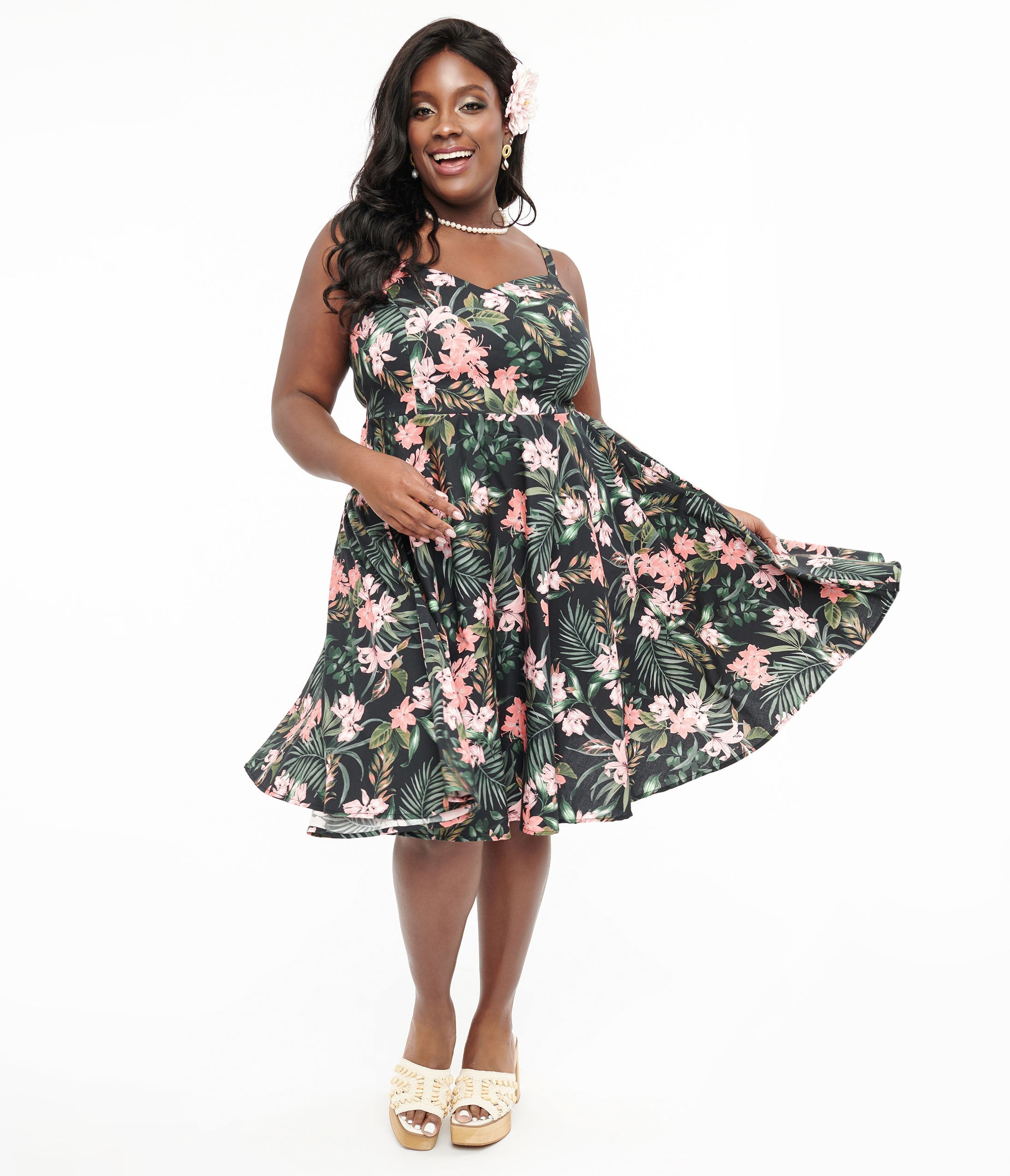 Hell Bunny Plus Size 1950s Black & Pink Tropical Floral Print Cotton Swing Dress - Unique Vintage - Womens, DRESSES, SWING