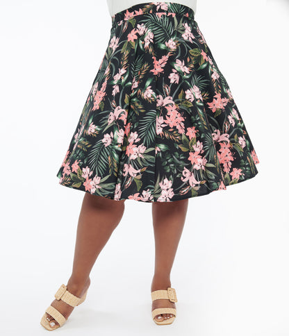 Hell Bunny Plus Size 1950s Black & Pink Tropical Floral Print Cotton Calypso Swing Skirt - Unique Vintage - Womens, BOTTOMS, SKIRTS