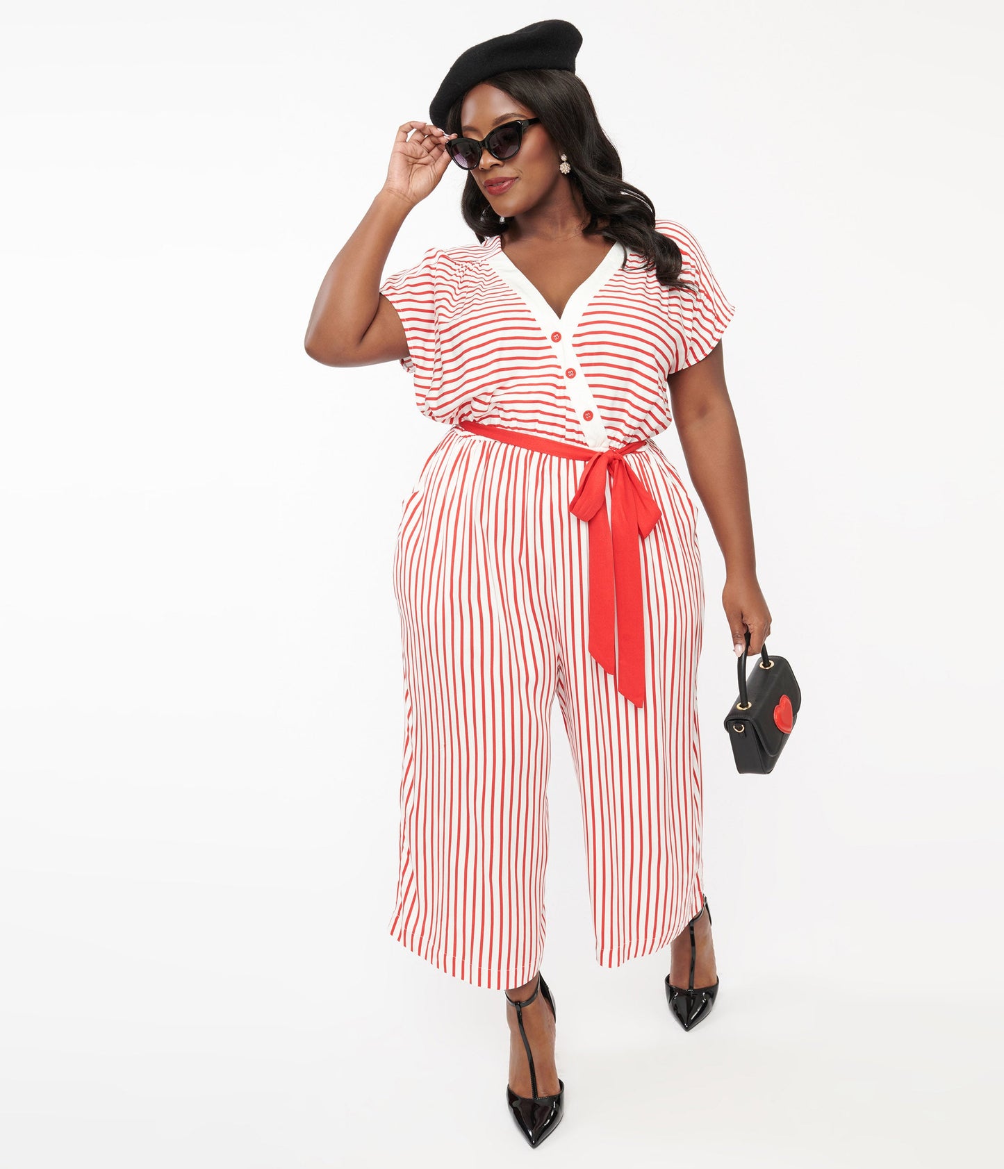 Hell Bunny Plus Size 1950s White & Red Striped Jumpsuit - Unique Vintage - Womens, BOTTOMS, ROMPERS AND JUMPSUITS