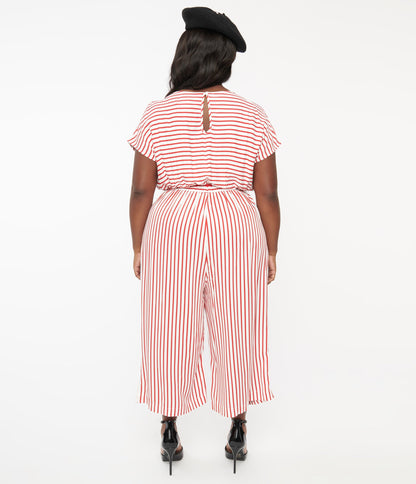 Hell Bunny Plus Size 1950s White & Red Striped Jumpsuit - Unique Vintage - Womens, BOTTOMS, ROMPERS AND JUMPSUITS