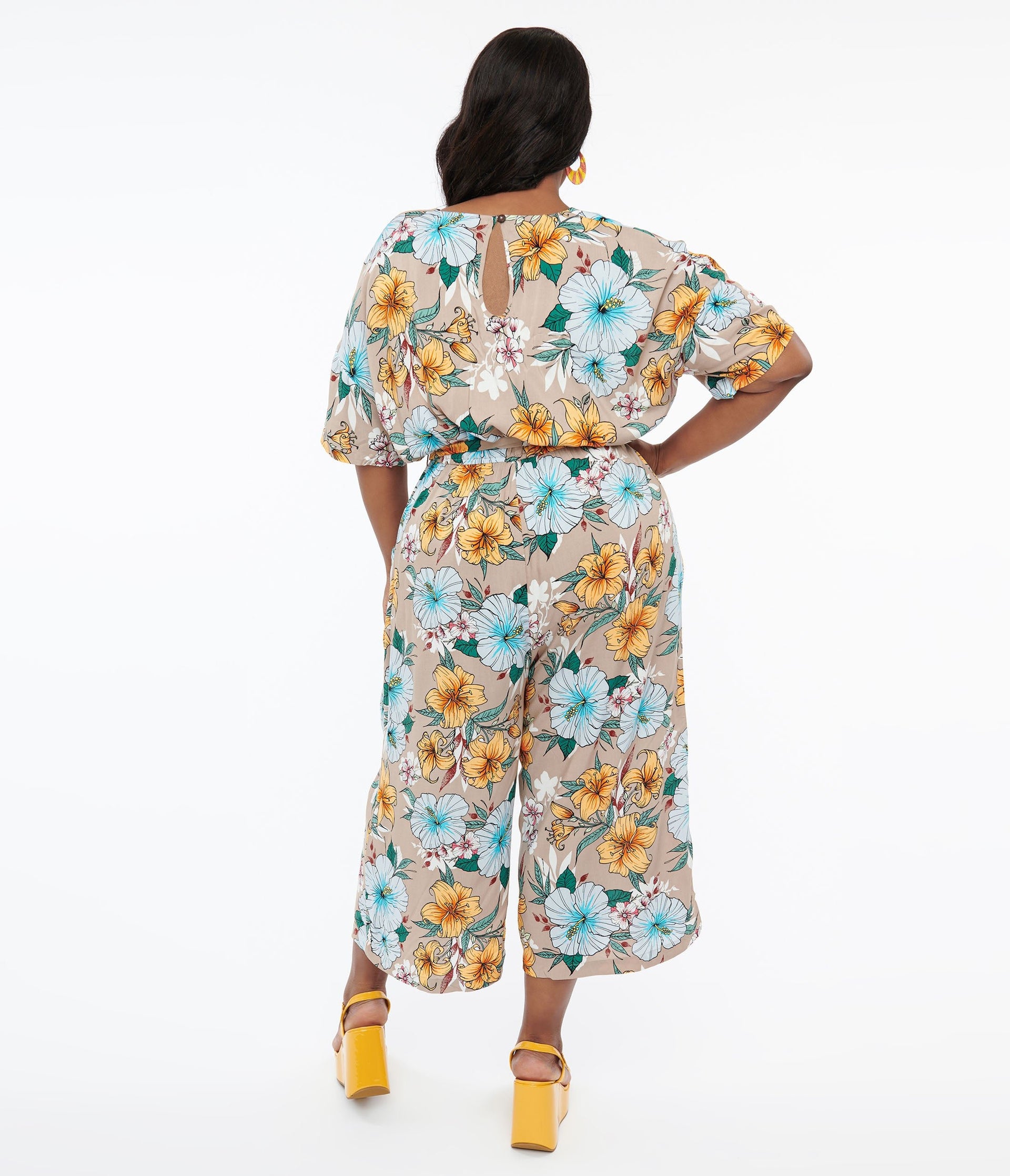 Hell Bunny Plus Size 1970s Tan & Tropical Floral Print Jumpsuit - Unique Vintage - Womens, BOTTOMS, ROMPERS AND JUMPSUITS