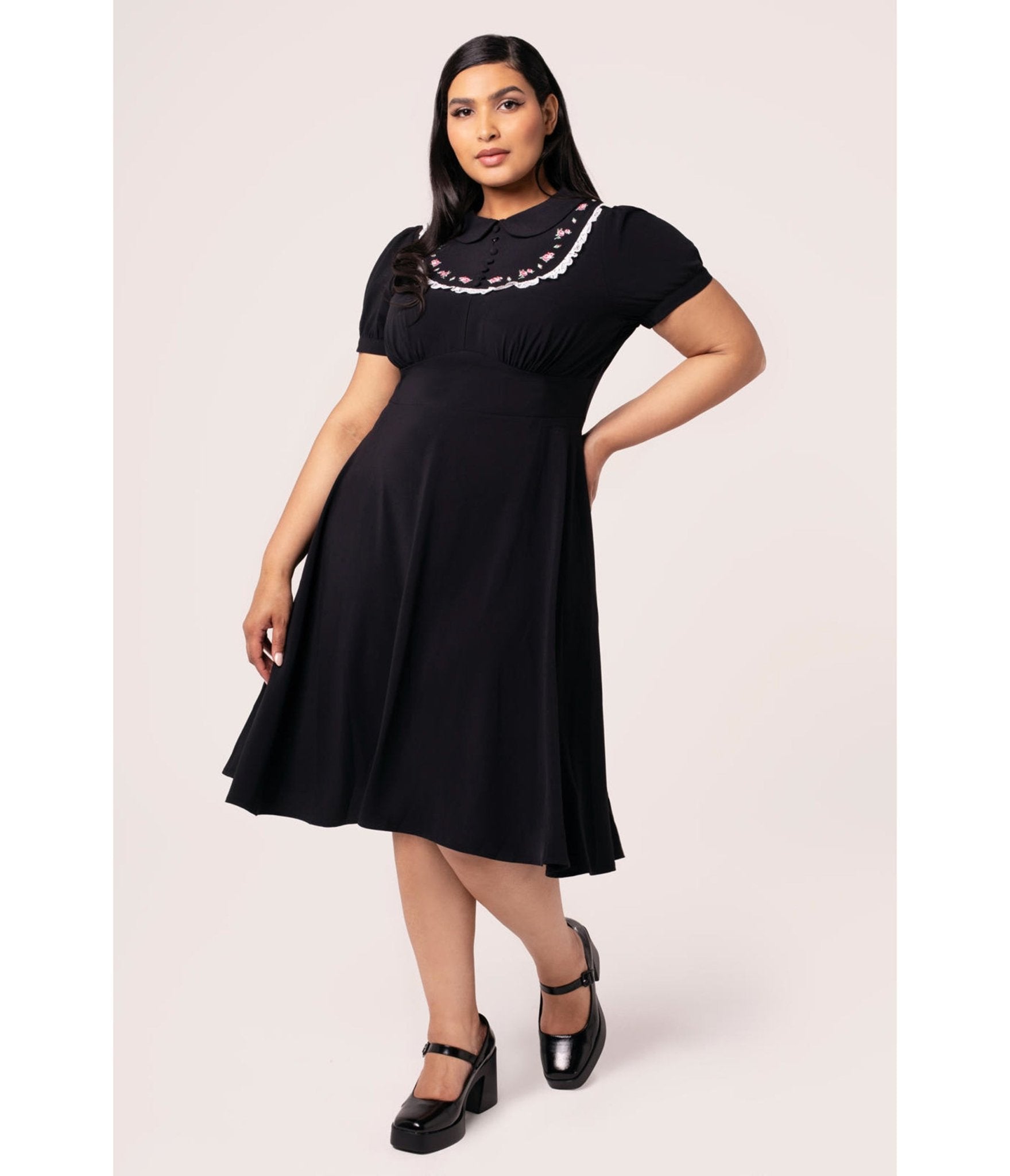 Hell Bunny Plus Size Black Fabienne Flare Dress - Unique Vintage - Womens, DRESSES, A - LINE