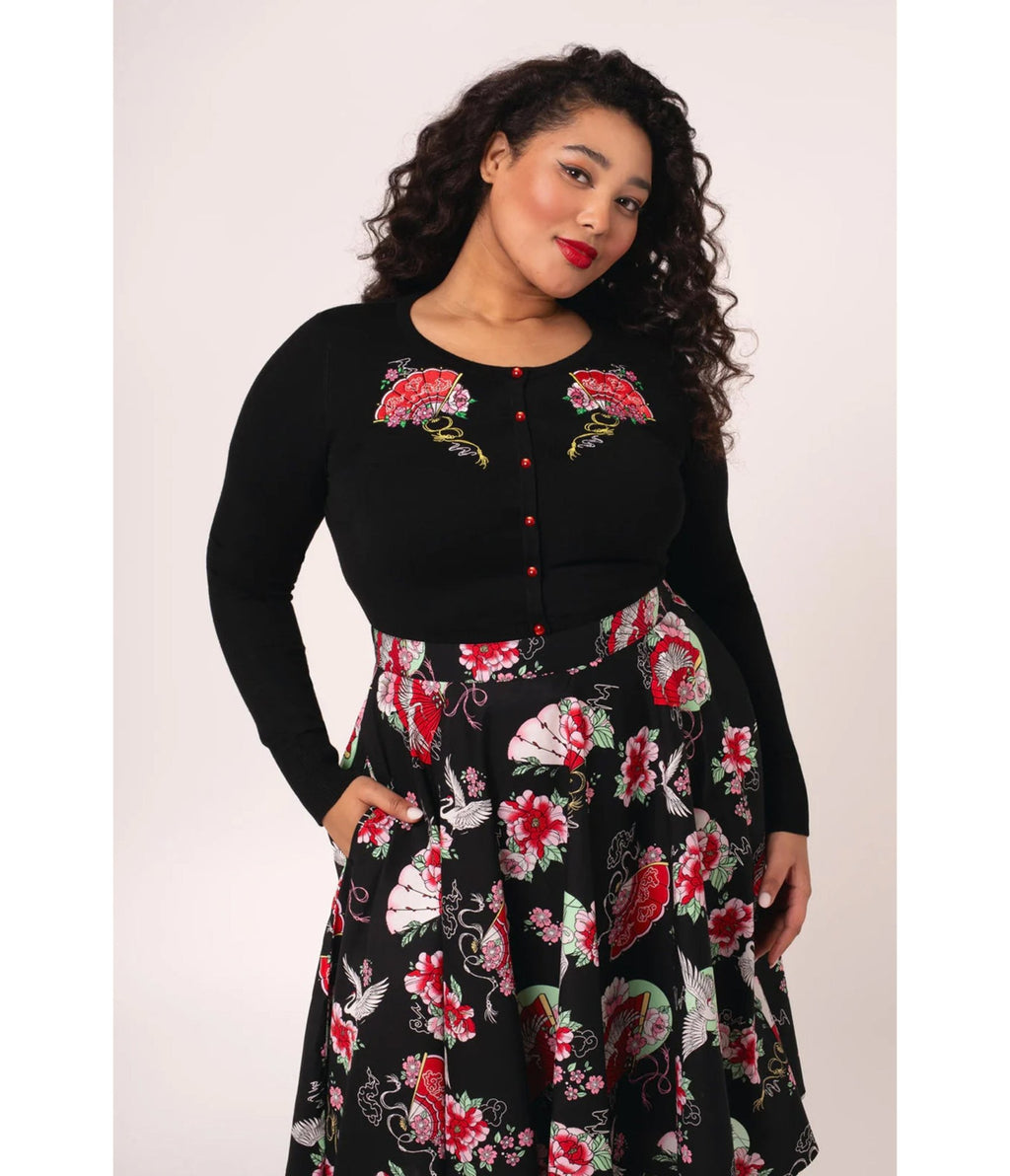 Hell Bunny Plus Size Black Fan & Floral Embroidered Yuna Cardigan - Unique Vintage - Womens, TOPS, SWEATERS