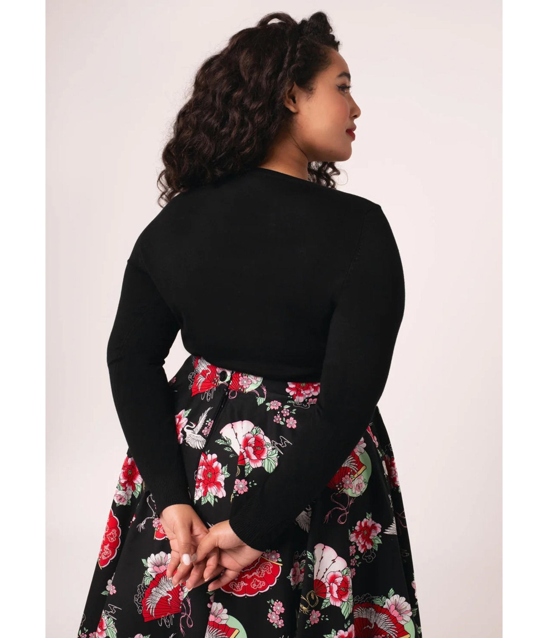 Hell Bunny Plus Size Black Fan & Floral Embroidered Yuna Cardigan - Unique Vintage - Womens, TOPS, SWEATERS