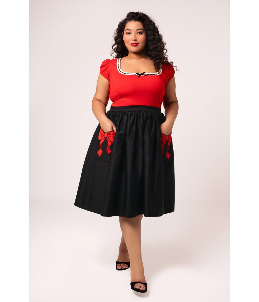 Hell Bunny Plus Size Black & Red Bow Lucie Swing Skirt - Unique Vintage - Womens, BOTTOMS, SKIRTS