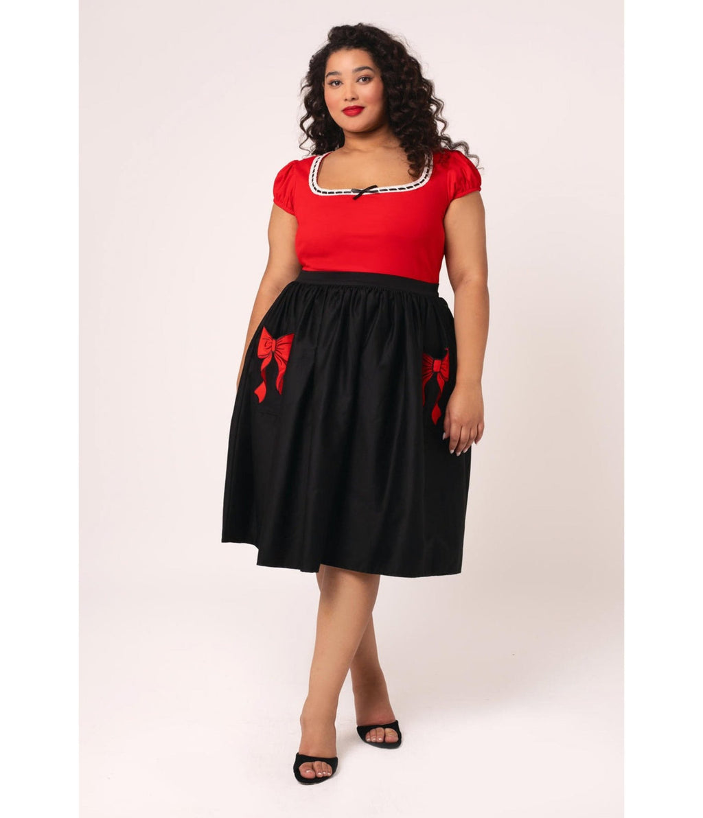 Hell Bunny Plus Size Black & Red Bow Lucie Swing Skirt - Unique Vintage - Womens, BOTTOMS, SKIRTS