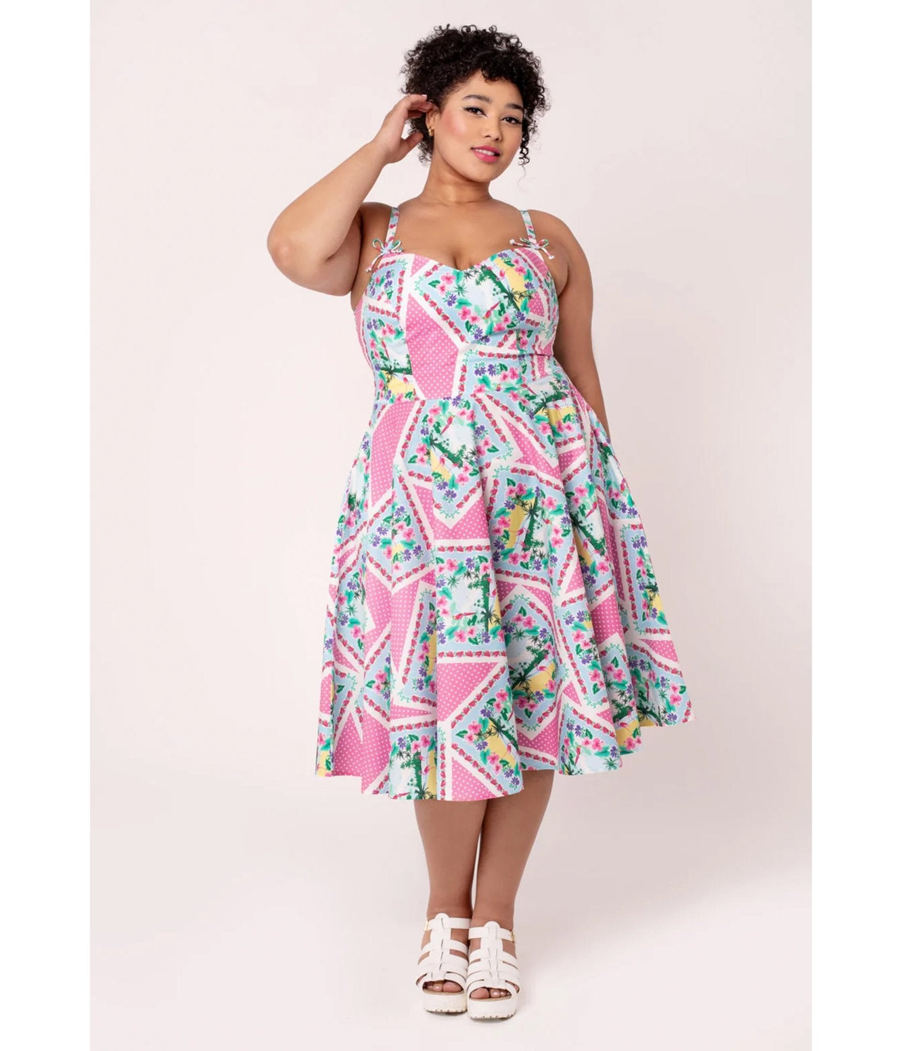 Hell Bunny Plus Size Pink Floral Patchwork Swing Dress - Unique Vintage - Womens, DRESSES, SWING