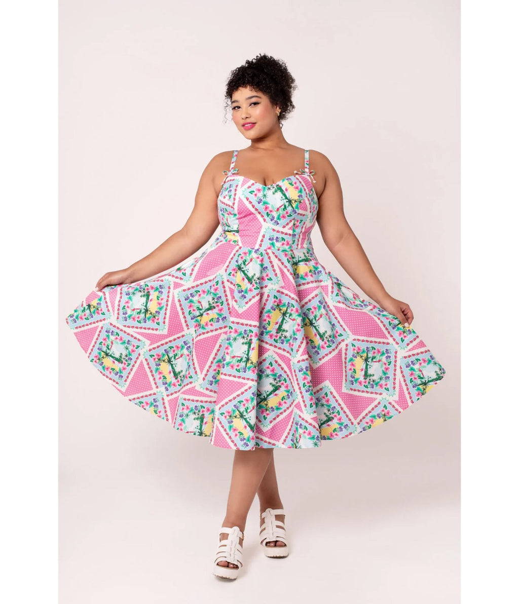 Hell Bunny Plus Size Pink Floral Patchwork Swing Dress - Unique Vintage - Womens, DRESSES, SWING