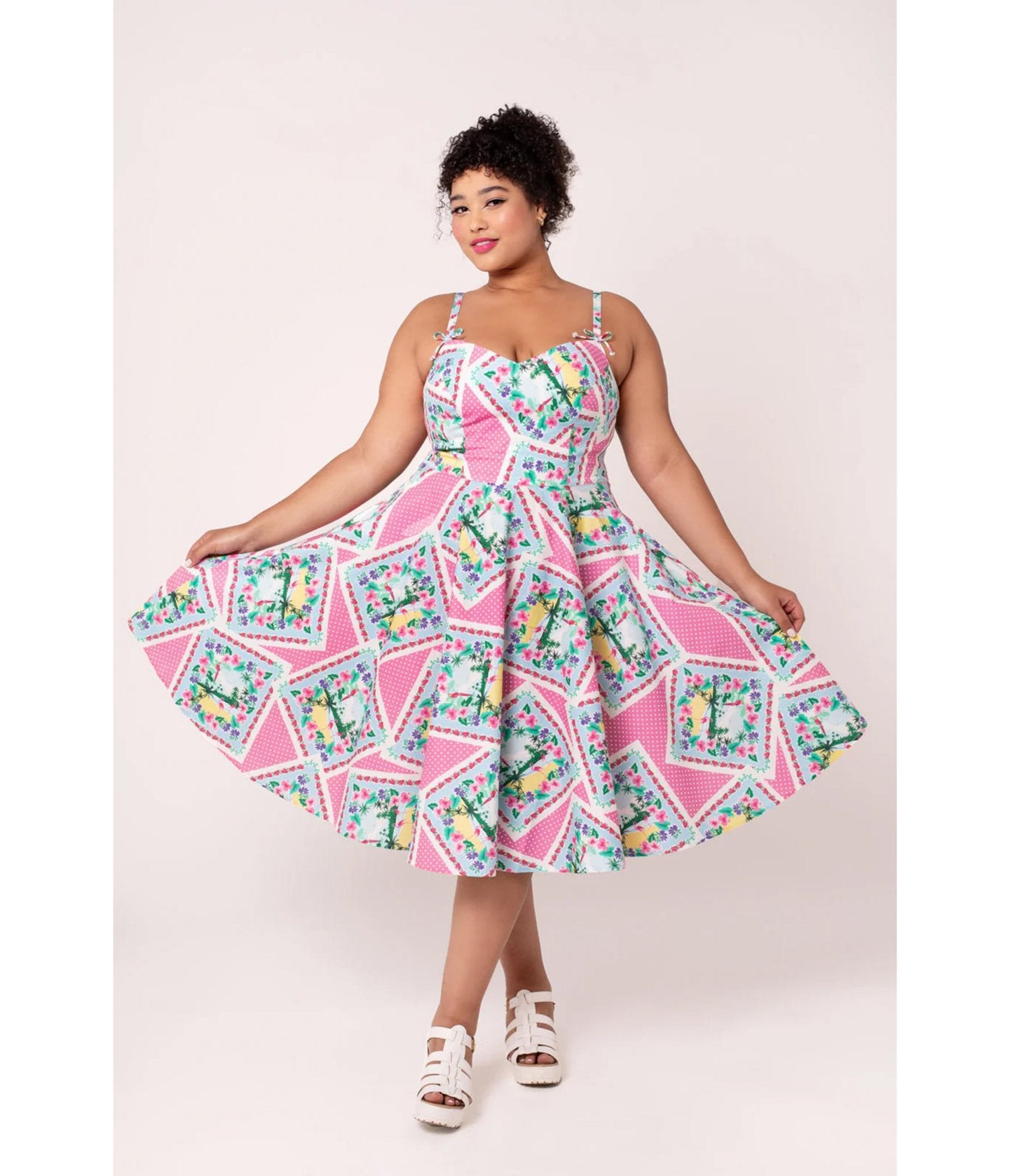 Hell Bunny Plus Size Pink Floral Patchwork Swing Dress - Unique Vintage - Womens, DRESSES, SWING