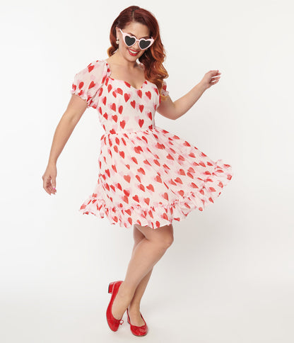 Hell Bunny Plus Size Pink & Red Heart Aphrodite Mini Dress - Unique Vintage - Womens, DRESSES, BABYDOLL