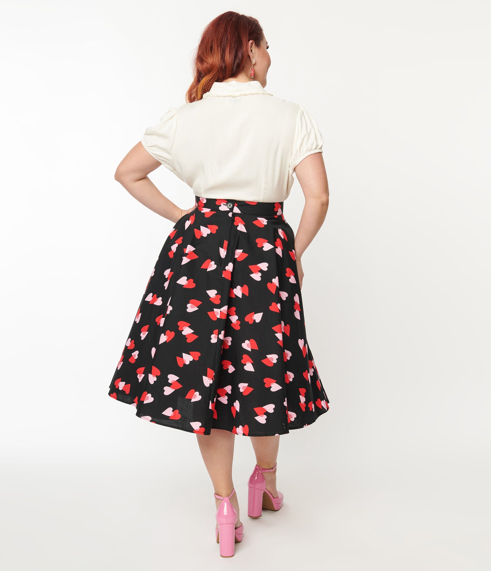 Hell Bunny Plus Size Pink & Red Heart Confetti Swing Skirt - Unique Vintage - Womens, BOTTOMS, SKIRTS