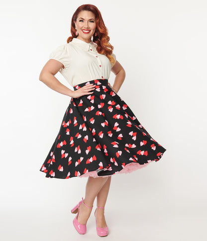 Hell Bunny Plus Size Pink & Red Heart Confetti Swing Skirt - Unique Vintage - Womens, BOTTOMS, SKIRTS