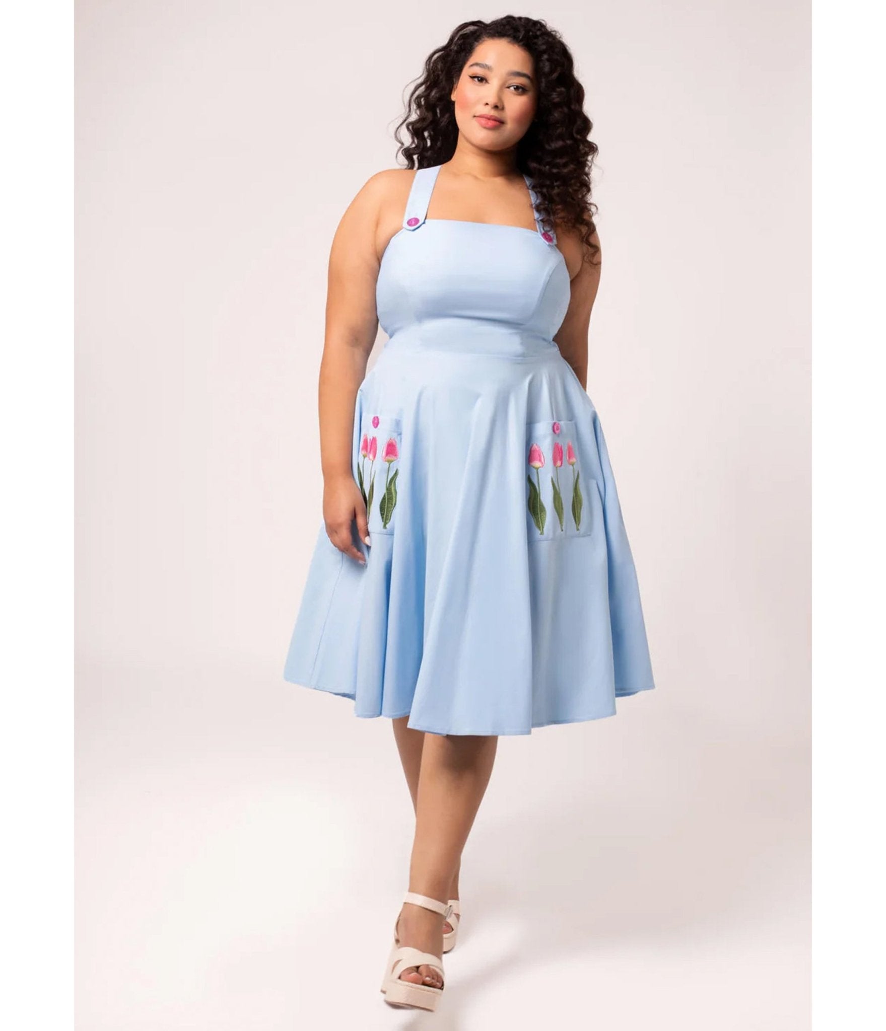 Hell Bunny Plus Size Sky Blue Tulip Embroidered Swing Dress - Unique Vintage - Womens, DRESSES, SWING