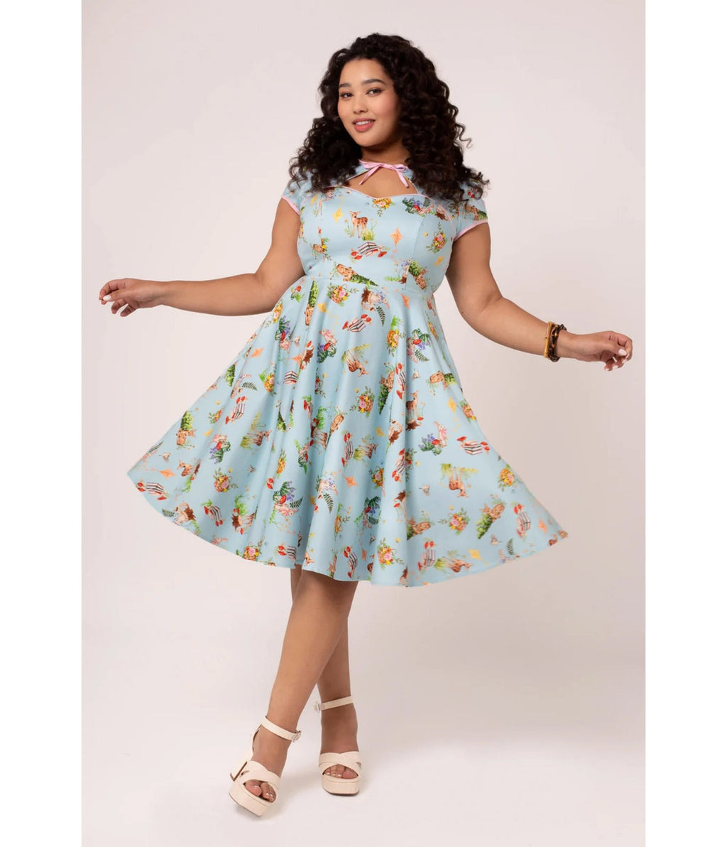 Hell Bunny Plus Size Sky Blue Woodland Print Swing Dress - Unique Vintage - Womens, DRESSES, SWING