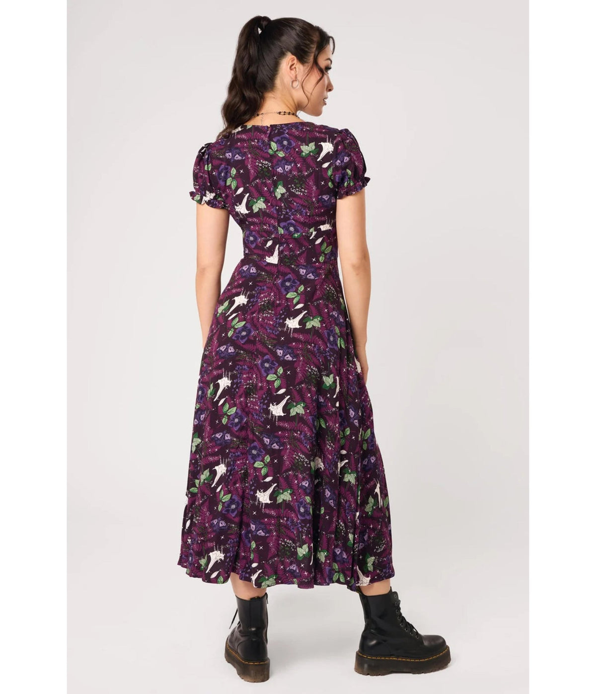 Hell Bunny Purple Deadly Bouquet Floral & Skull Midi Dress - Unique Vintage - Midi Dresses