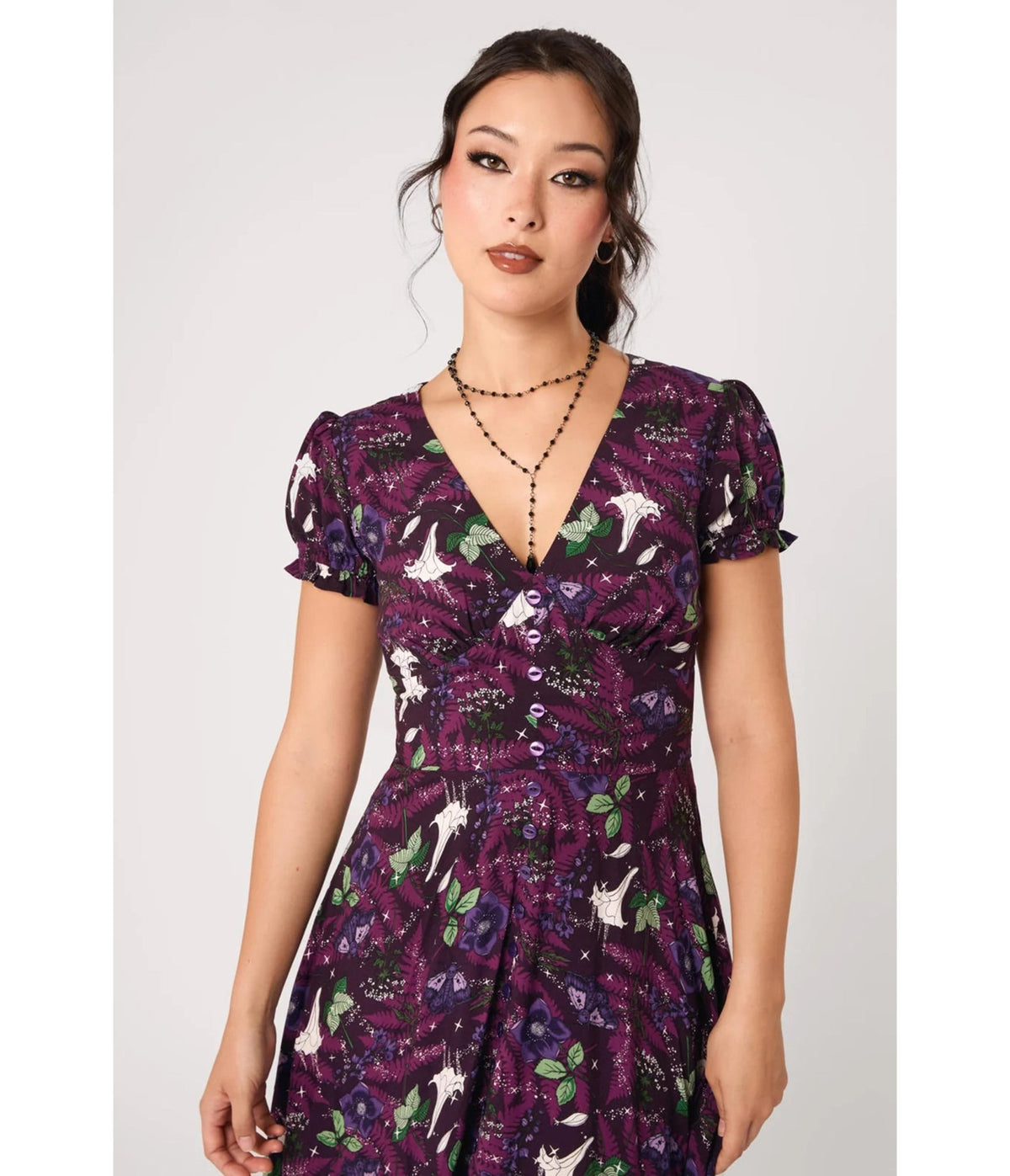 Hell Bunny Purple Deadly Bouquet Floral & Skull Midi Dress - Unique Vintage - Midi Dresses