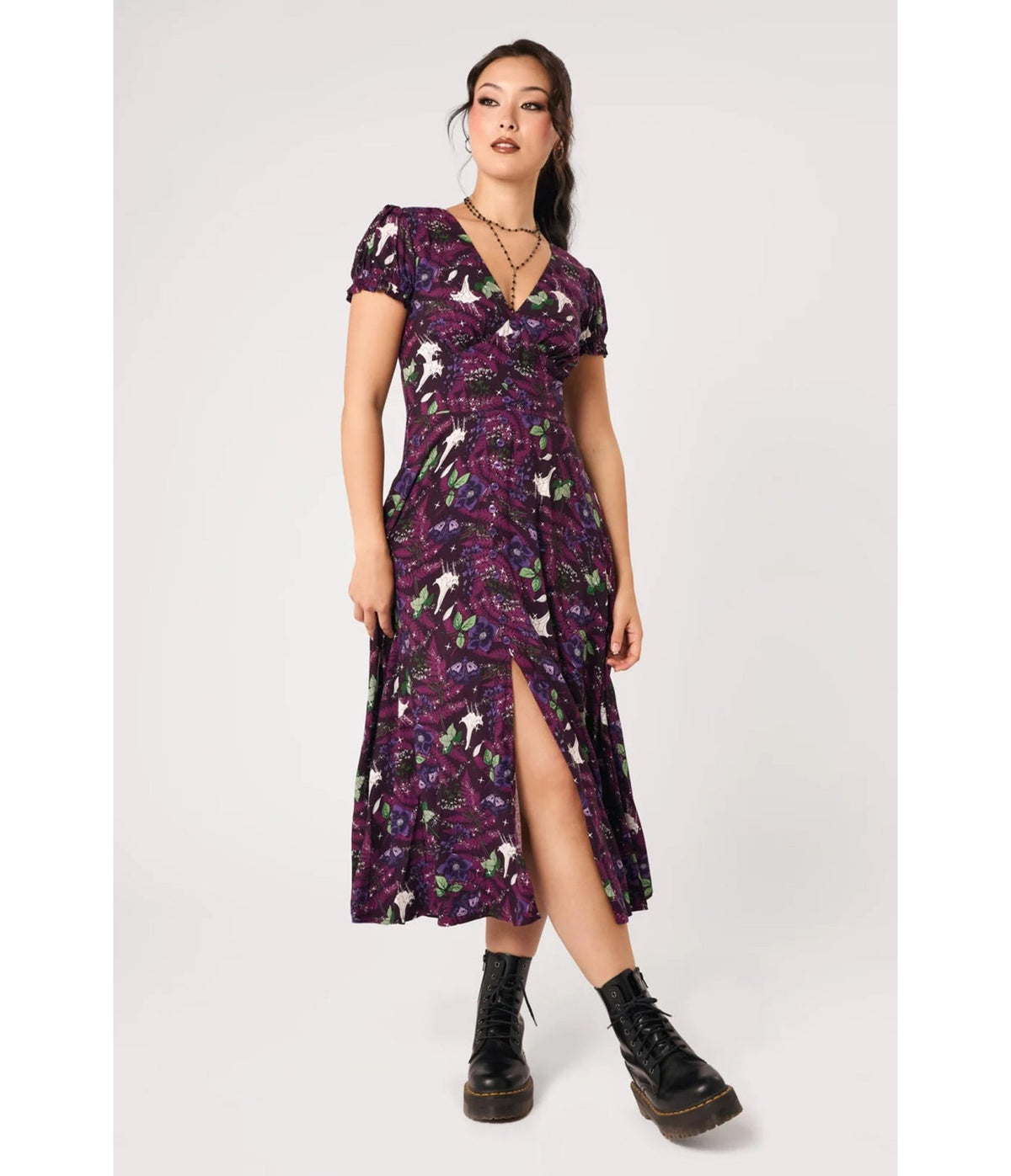 Hell Bunny Purple Deadly Bouquet Floral & Skull Midi Dress - Unique Vintage - Midi Dresses