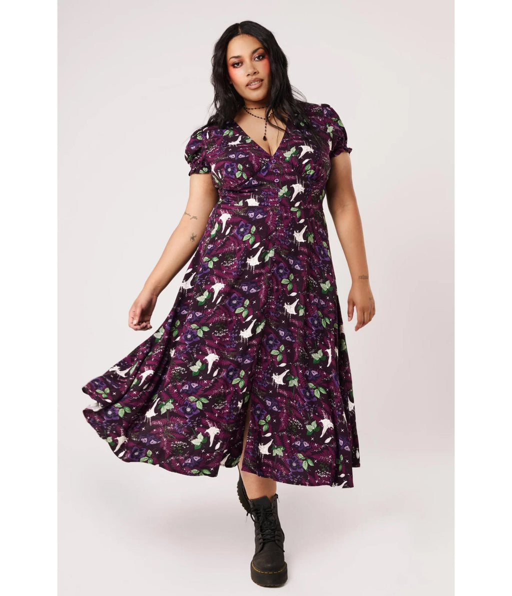 Hell Bunny Purple Deadly Bouquet Floral & Skull Midi Dress - Unique Vintage - Midi Dresses