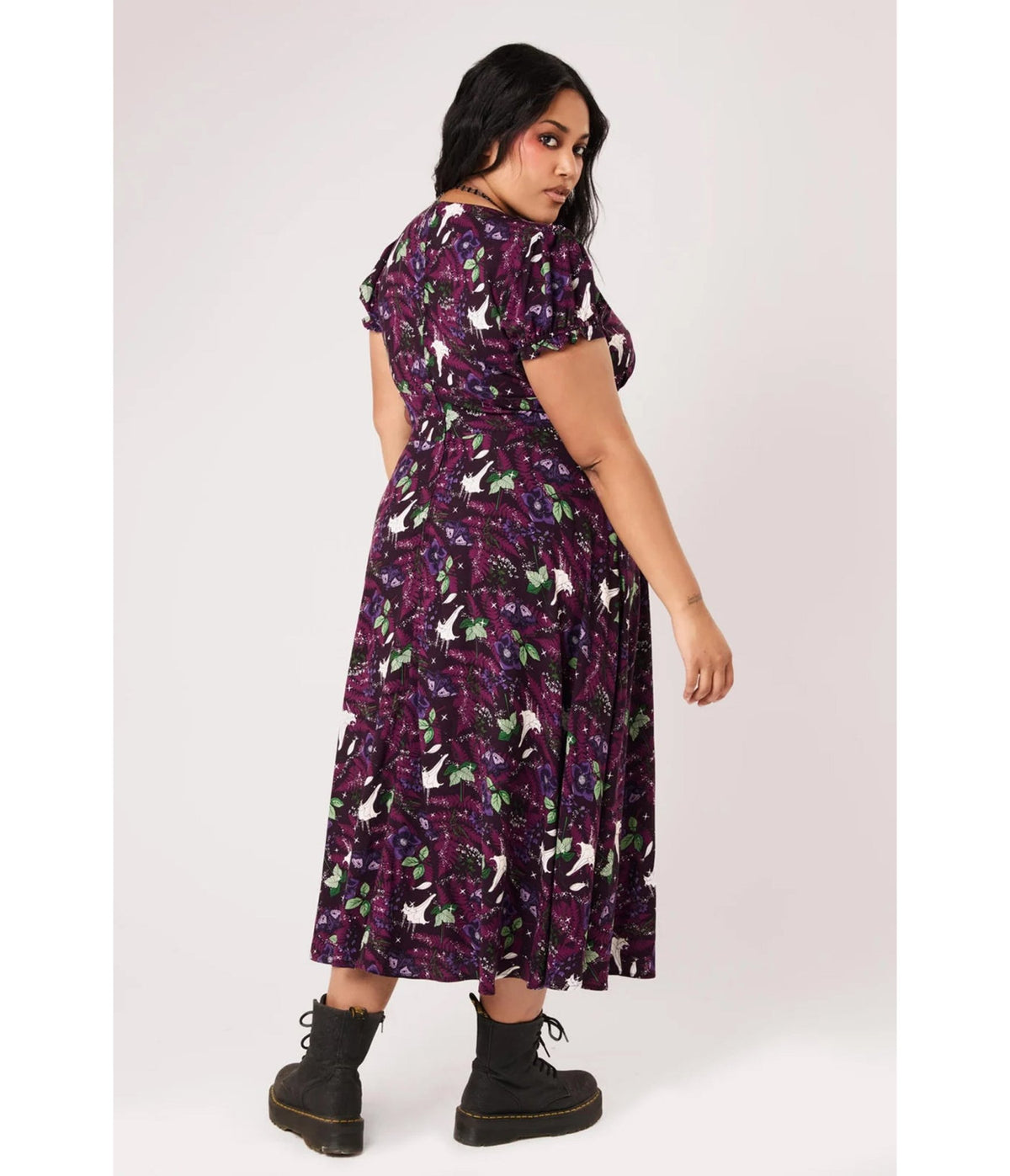 Hell Bunny Purple Deadly Bouquet Floral & Skull Midi Dress - Unique Vintage - Midi Dresses